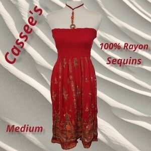 Cassee's Rayon Tube Halter Dress Sequins Red Orange Green M EUC